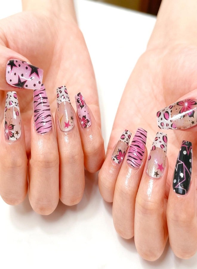 BSBTBZ 30Pcs Medium Press on Nails Square Fake Nails with 3D Pearl-decorated Y2K Style Five-Pointed Star Zebra Stripe Flower Design Glossy False Nails French Nail Tips Cute Stick on Nails for Women - Image 2